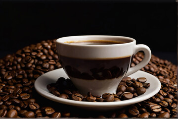 Fototapeta premium Coffee cup and beans on a black background.