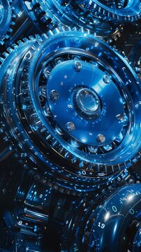 Glistening blue gears, tight shot, under a spotlight, with binary code overlay