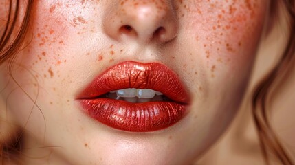 Fototapeta premium Close-Up of Red Lips with Freckles. Generative ai
