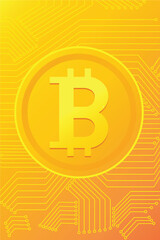 Vector of a Bitcoin cryptocurrency over a tech circuit board background