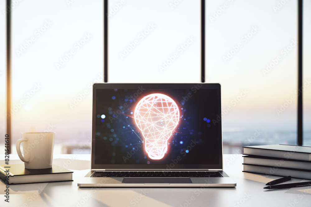 Poster creative light bulb illustration on modern computer monitor, future technology concept. 3d rendering