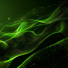 Abstract dark background with glow and green glowing dots, line waves in the foreground. Bright neon green color, gradient