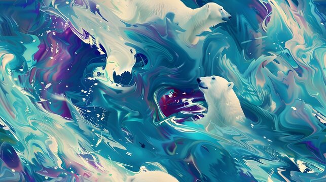 Graceful Polar Bears Frolicking Amid the Vibrant Northern Lights in a Lush Painterly Impressionist Style