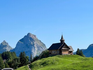 Scenic view of a church in Stoos, in the Swiss countryside