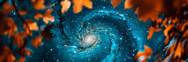 Fototapeta premium Leaves in autumn hues twist into a spiral galaxy,fantastical blend of terrestrial and celestial elements creates a imaginative banner