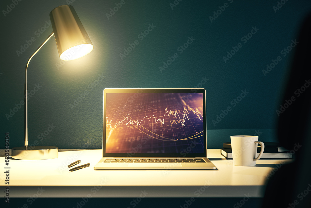Poster abstract creative financial graph on modern laptop screen, forex and investment concept. 3d renderin