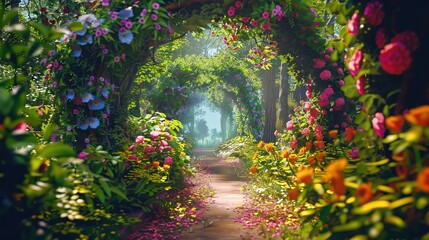 Beautiful Fairytale Garden with Colorful Flower Arches
