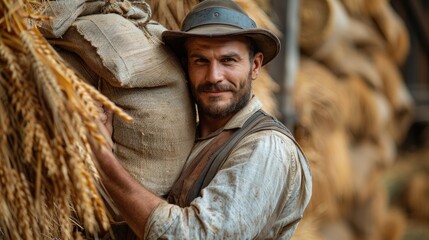 Obraz premium Detailed portrayal of a farm worker lifting a sack in a barn