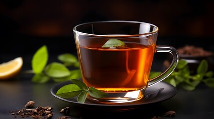 Cup of hot brown tea  plantations background