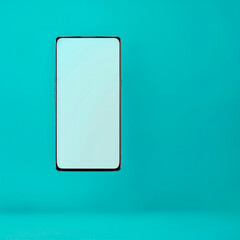 Modern Smartphone With Blank Screen Floating Against a Turquoise Background