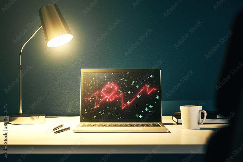 Poster Creative abstract heart pulse hologram on modern computer monitor, online medical consulting concept. 3D Rendering