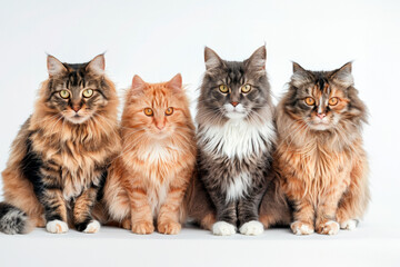 Four Majestic Maine Coon Cats Lined Up for a Group Portrait Against a White Background