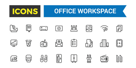 Office workspace icon set. Outline icons pack. Editable vector icon and illustration.