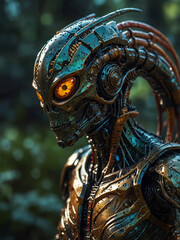 Obraz premium Futuristic Cyborg with Metallic Armor in a Natural Setting