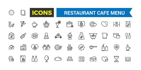 Restaurant cafe menu, food and drink icon set. Outline icons pack. Editable vector icon and illustration.