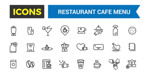 Restaurant cafe menu, food and drink icon set. Outline icons pack. Editable vector icon and illustration.