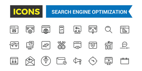 Search Engine Optimization Outline web icons set. Thin line web icon collection. Icon collection. Editable vector icon and illustration.