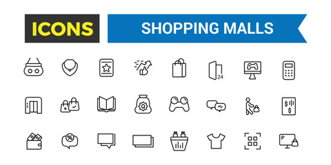 Shopping malls icon set. Retail icon collection, vector, thin line icons collection. Editable vector icon and illustration.