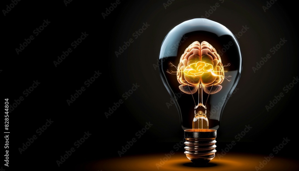 Poster brain inside lightbulb on black background. generative ai
