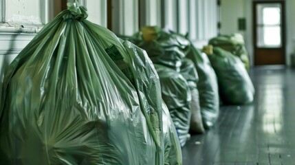 Piles of Black Garbage Bags in Abandoned Building. Generative ai
