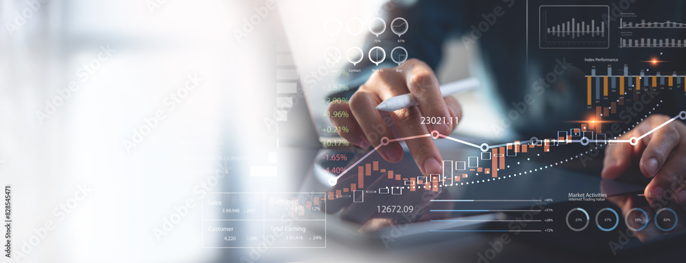Poster data analysis for business success. intelligence and business analytics. businessman analyzing sale 