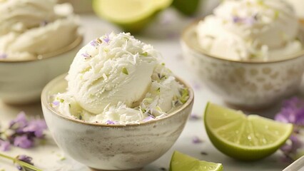 A refreshing coconut and lime sorbet topped with a sprinkling of edible lavender flowers for a hint of floral aroma.