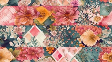 Seamless watercolor floral pattern. Square vintage patchwork tile with flowers. Neutral multicolor watercolor ornament painted with paint on paper. Handmade. Print for textiles. grunge texture.