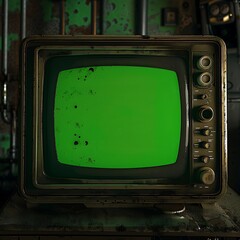Close-up on a flickering green screen on a vintage TV set with worn-out buttons