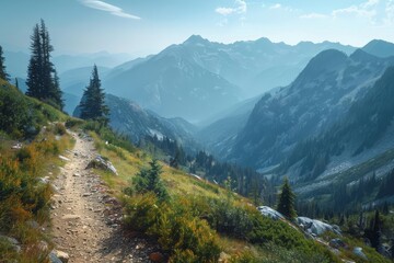 Obraz premium A scenic hiking trail with a view of mountains focus on, nature, vibrant, Silhouette, mountain backdrop