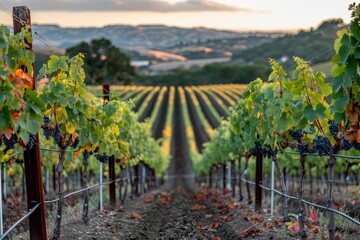 A scenic vineyard with rows of grapevines close up, wine, vibrant, Double exposure, countryside backdrop