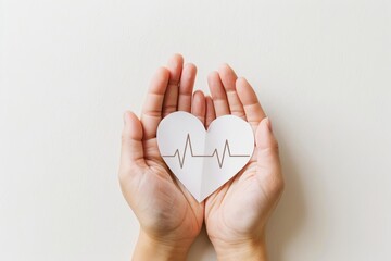 Obraz premium Hands holding a paper heart with a heartbeat line, symbolizing health care, love, and medical support, on a white background.