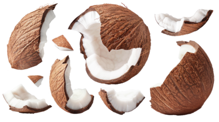 Variety of broken coconut pieces set isolated on a transparent background.