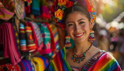 Fototapeta premium Portrait of a joyful woman in traditional attire at a colorful marketplace, celebrating cultural vibrancy and local commerce