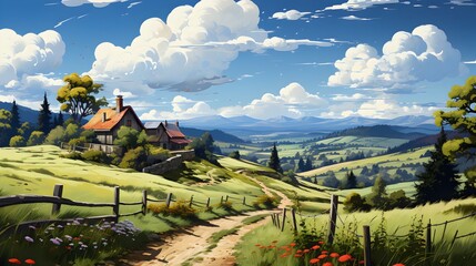Farm life, rural farm scene with barn, green fields, and various animals - detailed 2d illustration
