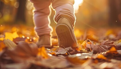 Close-up of toddler's feet taking steps in an autumn park during golden hour, capturing early childhood exploration, with banner space