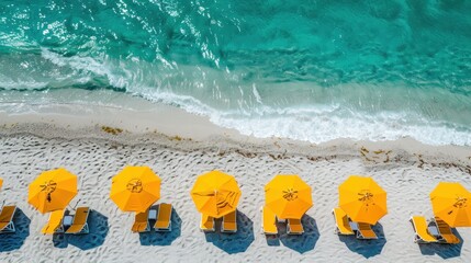 Naklejka premium A tropical beach by the sea or ocean adorned with yellow umbrellas and sun loungers on its white sands.