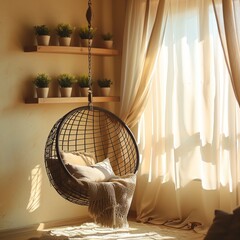 Hanging chair with sunlight in room by AI generate.