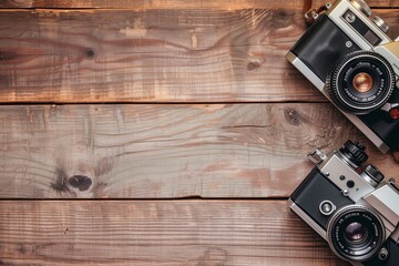Vintage cameras on a wooden surface. Top view. Hipster camera. Text space - Powered by Adobe