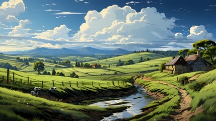 Farm life, rural farm scene with barn, green fields, and various animals - detailed 2d illustration
