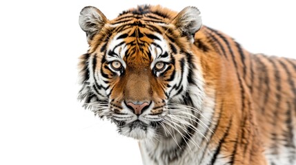 Fototapeta premium A tiger looking at the camera on isolated white background.