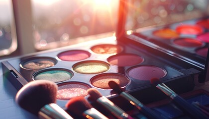 Makeup palette and brushes basking in warm natural light, ideal for beauty and cosmetic showcases, with copy space for promotional content