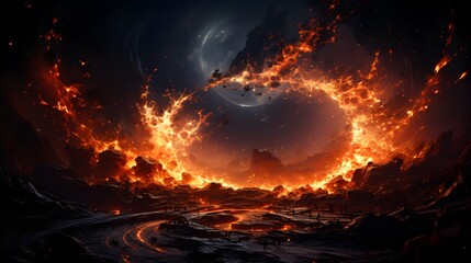 Fire circle, swirling flames and dynamic motion in circle of fire - vibrant digital inferno