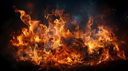 Intense heat and burning flames in close-up fire isolated on black background - fiery digital illustration