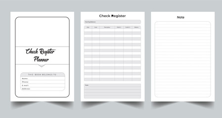 Editable Check Register Planner kdp Interior printable template design.