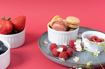 Macarons in a plate on a red background. Berries and pastries close-up with copy space. Strawberries, raspberries and blueberries are decorated with white flowers. French breakfast. Tea party