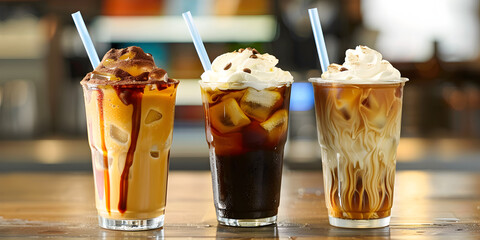  with swirling milk in a glass, coffee beans scattered three tall glass on wood at coffee shop in plastic cups with swirling milk in a glass coffee beans scattered with straws on brown background.