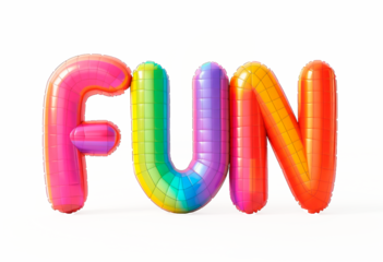 AI generated photo with inflatable multicolored letters "FUN". Minimalistic balloon lettering isolated on a transparent background