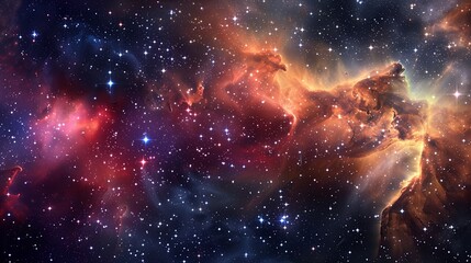 Colorful fantasy nebula with vibrant hues of blue, orange, and purple in deep space, featuring stars and gas clouds.