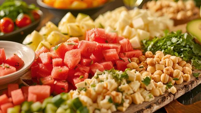 A tropical paradise on a board with juicy watermelon buttery macadamia nuts and tangy queso blanco.