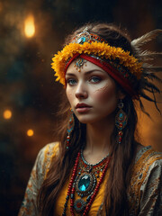 Ethereal Portrait of a Young Woman in Bohemian Attire with Nature Backdrop